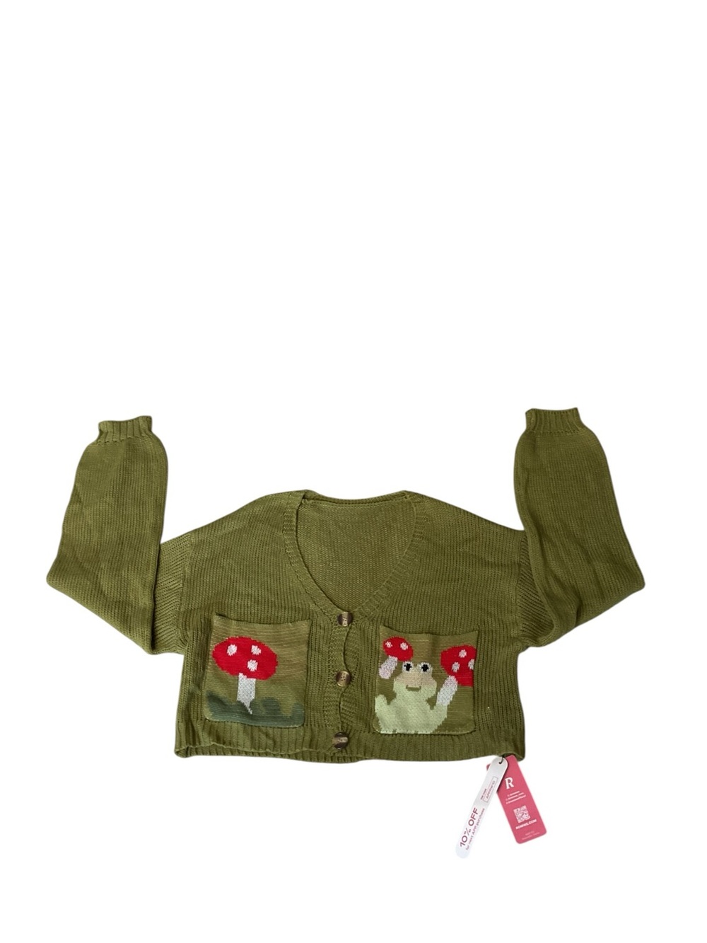 Romwe Mushroom Frog Cardigan Cropped Green Cottagecore Knit M - Picture 4 of 7